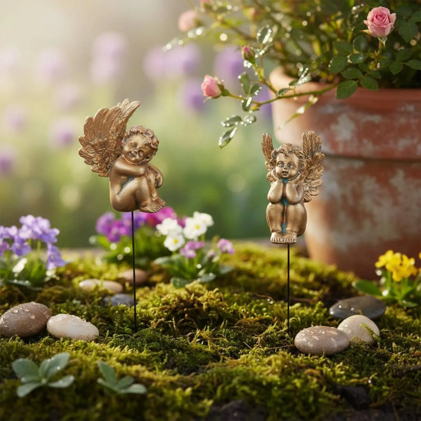2 Pieces Cherub Garden Stakes Antique Bronze Finish Copper Cherub Figurines Figurine Set Creative Design for Gardeners, Patio