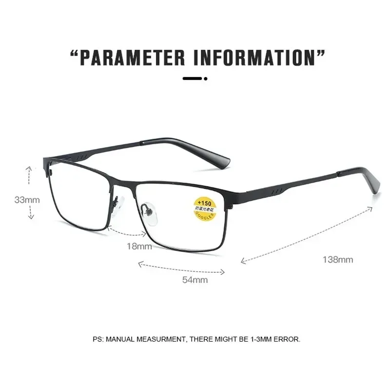 Anti-Blaulicht Metall-Lesebrille mit Federbügeln Geschäftsbrille für Herren Klassische Eckige Hyperopie-Brille – Detail 6