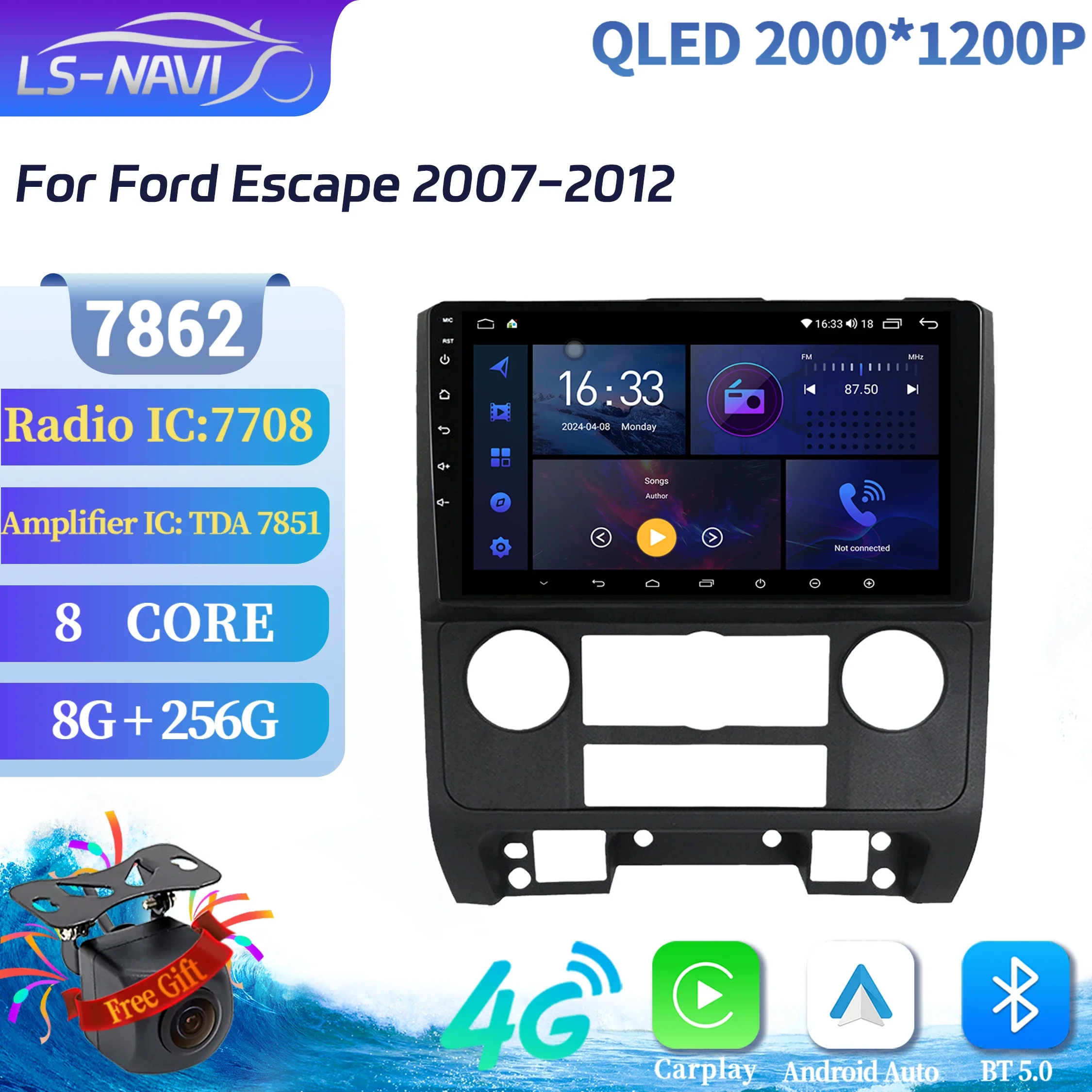 

Android 14 Car Radio For Ford Escape 2007-2012 Multimedia Navigation Bluetooth Stereo Wireless Carplay 7862 8+256 2K QLED Screen