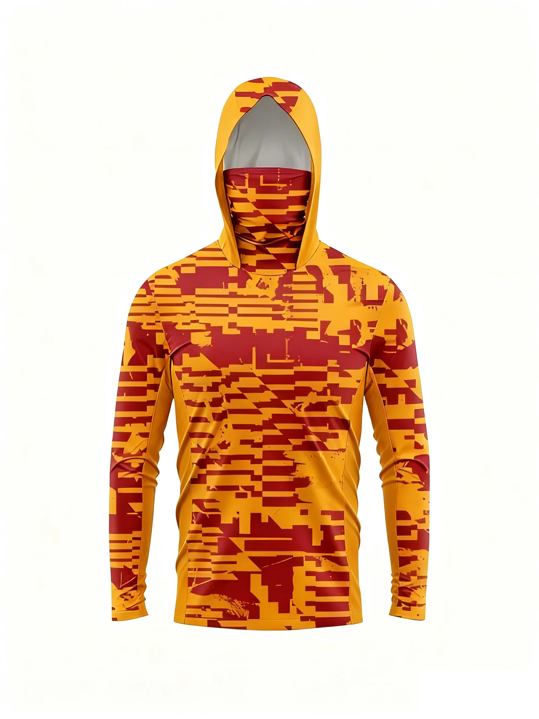 Grey Panel Camo Sleeve Men Fishing Hooded Shirt Built-in Face Cover UPF50+ Sun Protection Quick-Dry Long Sleeve Tops