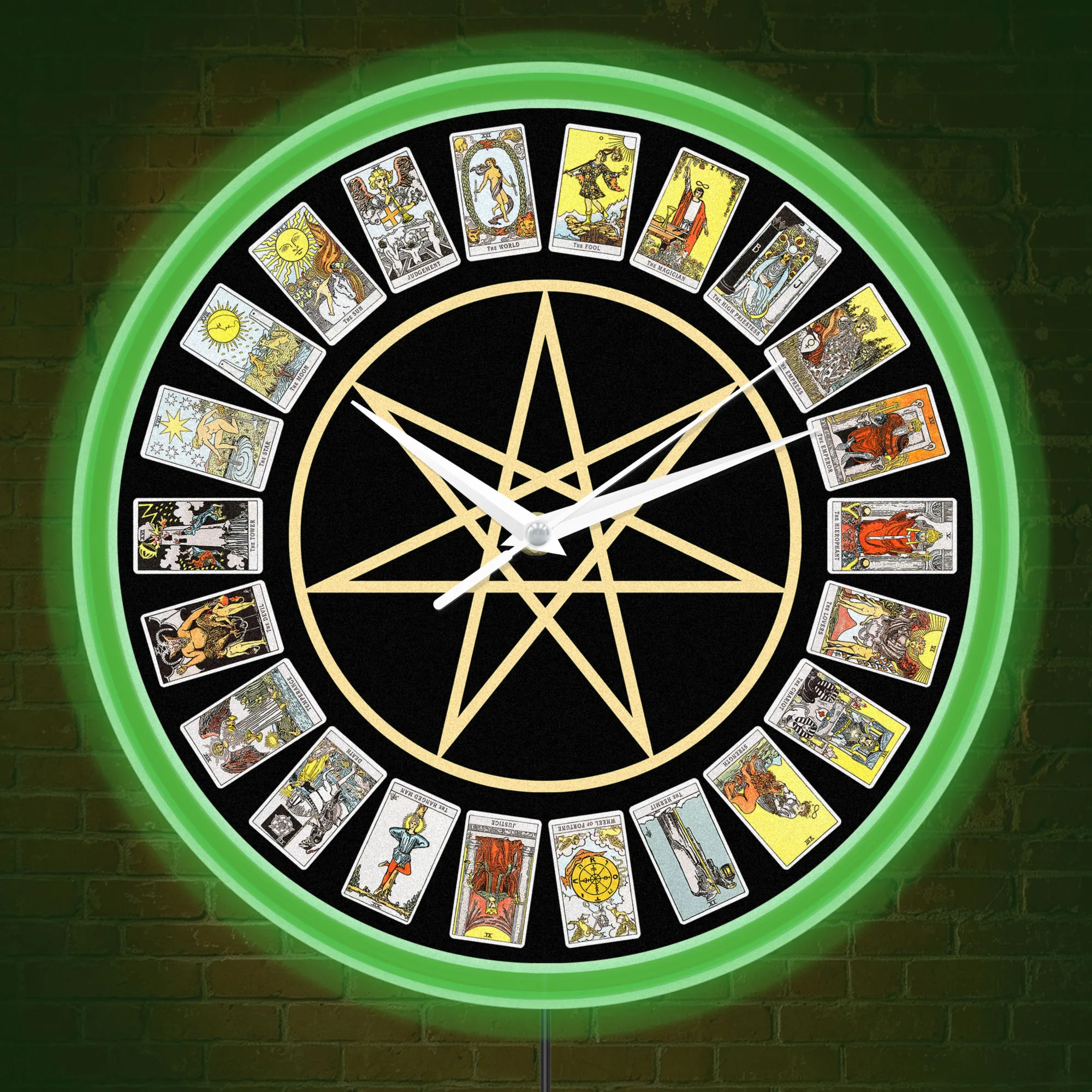 Vintage Tarot Card Pentagram Neon Wall Clock for Man Cave Gothic Space Mystical Pagan LED Light Up Wall Clock Tarot Reader Gift