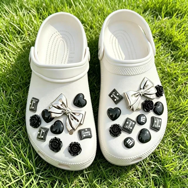 Black Bow Heart Rose Shoe Charms Set PVC Decorations for Clogs & Bags Removable DIY Shoe Buckles Accessories for Women Teens