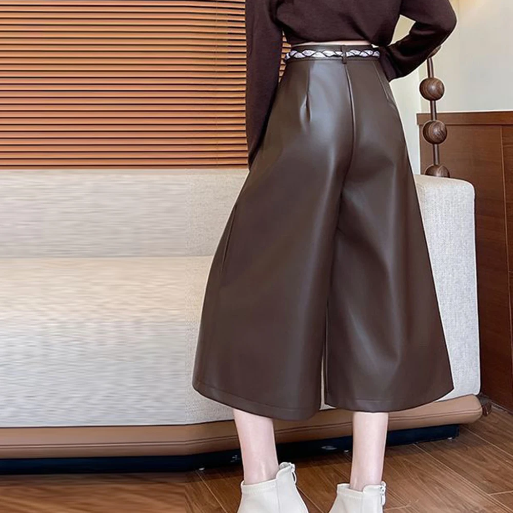 Coffee PU leather eight-point pants women's autumn 2025 new Maillard loose high-waisted and thin versatile straight casual pants