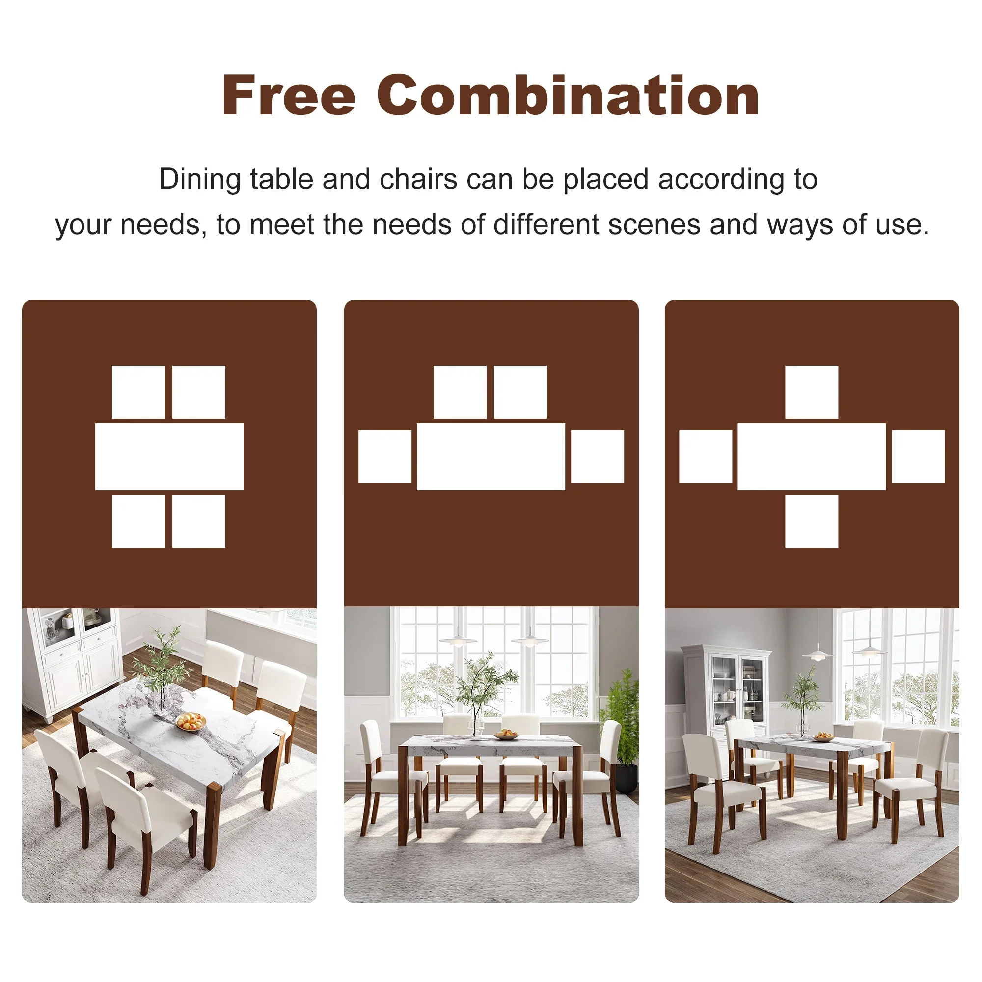 Modern 5-Piece Dining Set 46 Inch Faux Marble Style Table 4 Upholstered Solid Rubberwood Chairs Adjustable for Home Kitchen Use