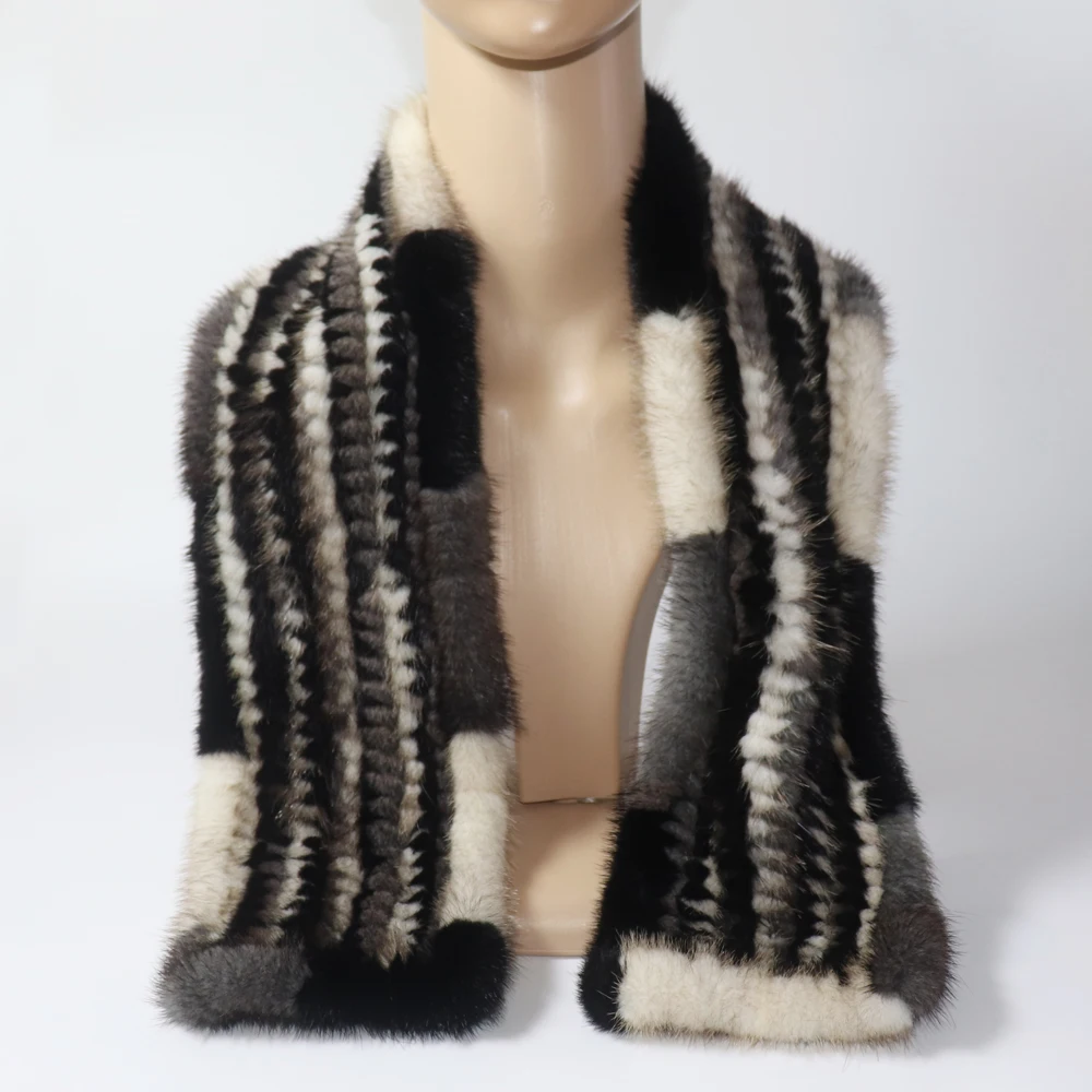 Cachecol de pele de vison real de malha para mulheres, Moda inverno, 100% Genuine Mink Fur Scarves, Luxo