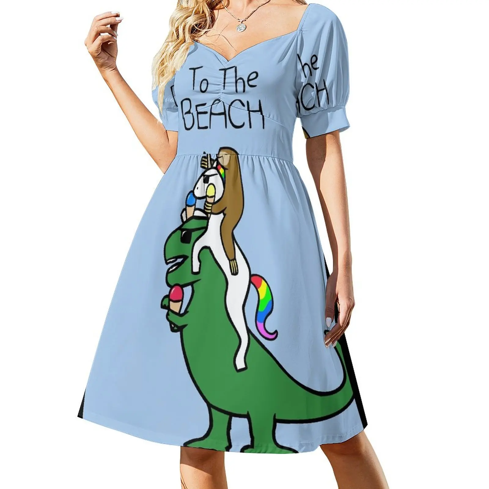 

To The Beach! (Sloth Riding Unicorn Riding T-Rex) Short-Sleeved Dress woman dress african dresses for woman