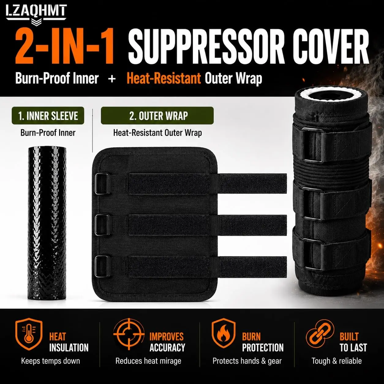 Suppressor Cover (4/5/6/7/9 Inch) 1800°F Heat Resistant Burn Proof Wrap – Detachable Fireproof Fiberglass Silicone Lining Sleeve