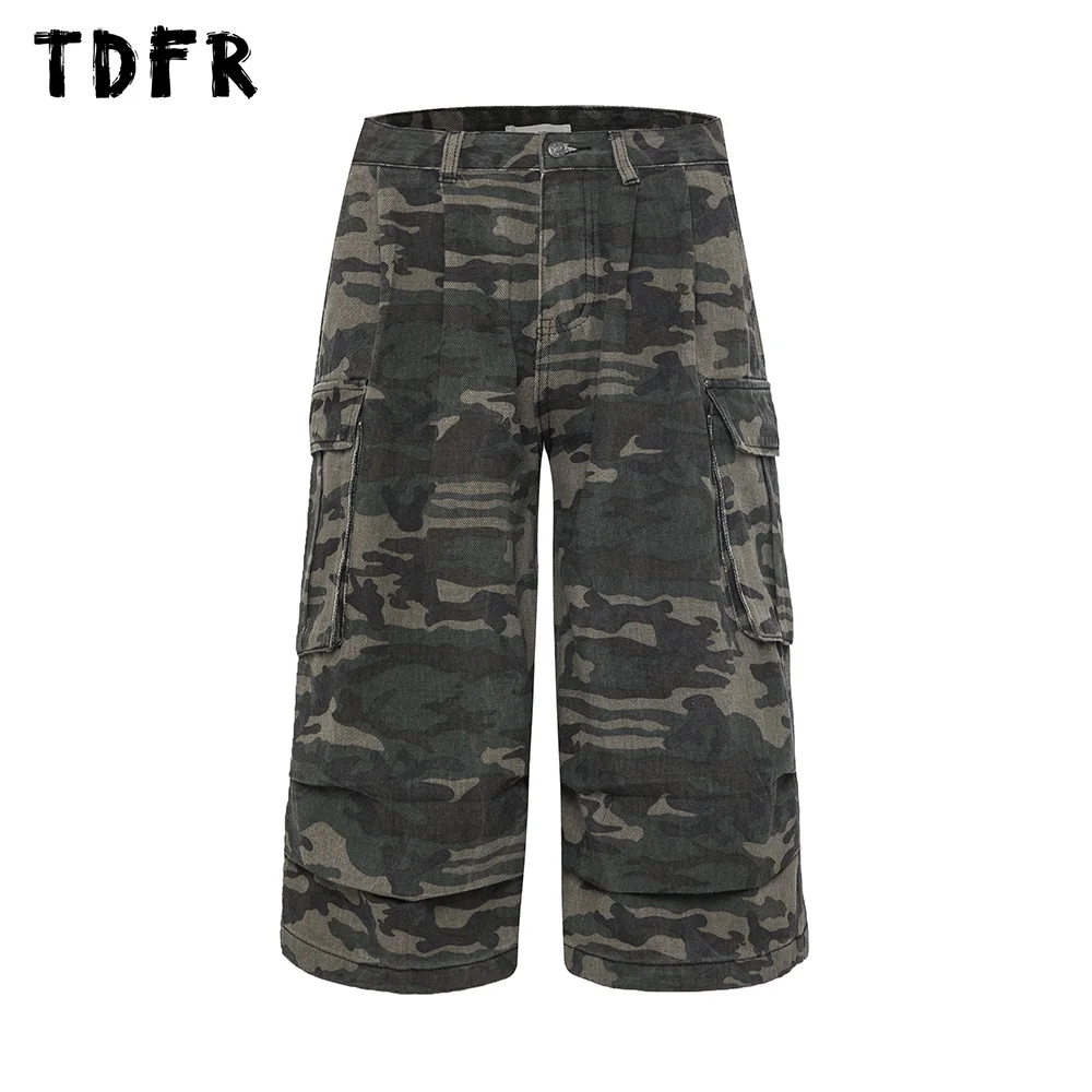 

Camouflage Cargo Cropped Trousers Mens Safari Style Pocket Pleated Loose Wide Leg Shorts Men