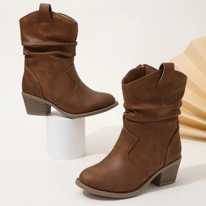 Teenage Kids Shoes Elegant Versatile Side Zipper Girls Boots Brown Pleated Chic Fashion Children Low Heels Mid-calf Boots Simple