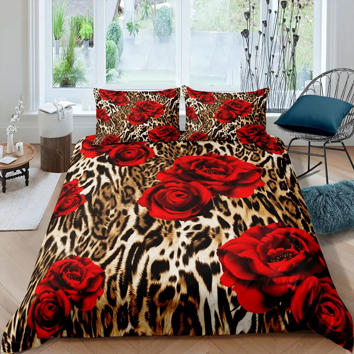 

Leopard Print Duvet Cover Microfiber Red Rose Blossom Floral Bedding Set Brown Cheetah Safari Wildlife Animal King Bedding Set