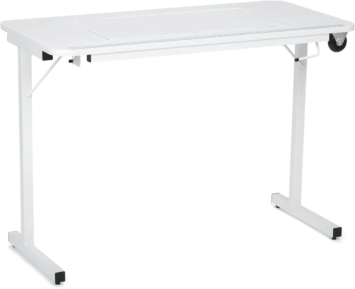 

Folding Sewing, Cutting, Quilting, and Craft Table, Portable with Wheels and Lift, White Finish