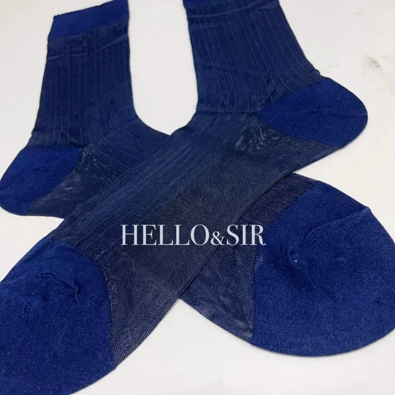 Men Socks Green Gray Navy Blue Black Hollow Out Stripe Jacquard Business Mid Tube Socks Man Dress Socks Sexy Sheer Men Stockings