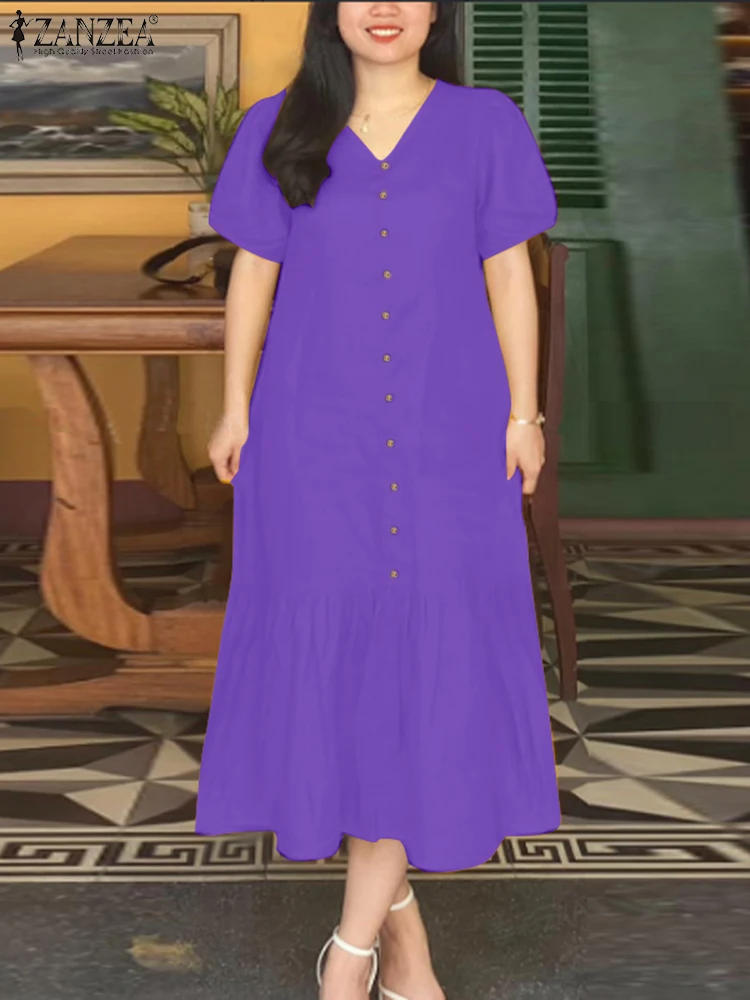

ZANZEA Summer Elegant V Neck Short Sleeve Ruffles Dresses Stylish Casual Holiday Sundress Midi Robe Fashion Women Dress 2025