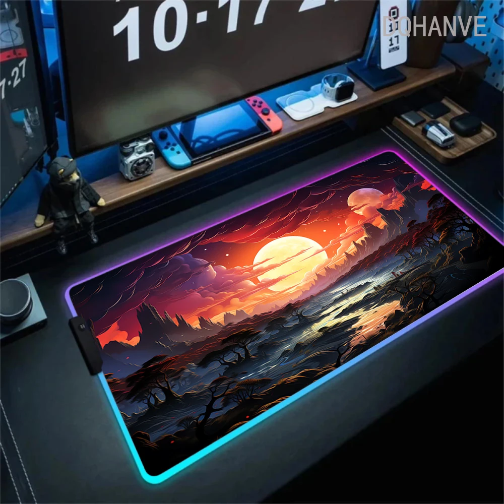 Large RGB Gamer Mousepad Moon Landscape Mouse Mat 90x40 Gaming Mousepads LED Keyboard Mats Luminous Desk Pads Mouse Pad For PC