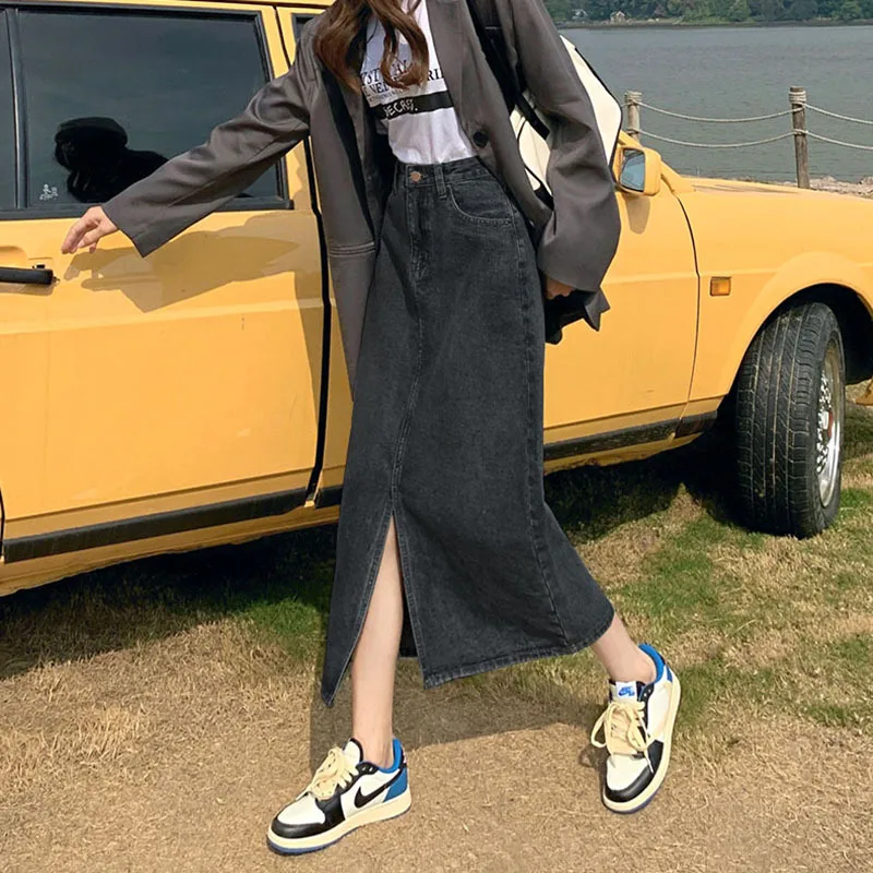 

Vintage Blue Slit Denim Midi Skirt for Women2023Autumn NewaVersatile high-waisted slimming skirt