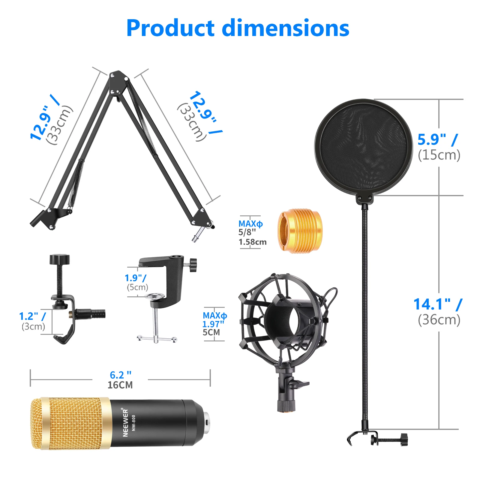 Neewer NW-800 Professionele Studio Condensatormicrofoon & NW-35 Verstelbare Opnamemicrofoon Ophangarmstandaard met Shock Mount KIT