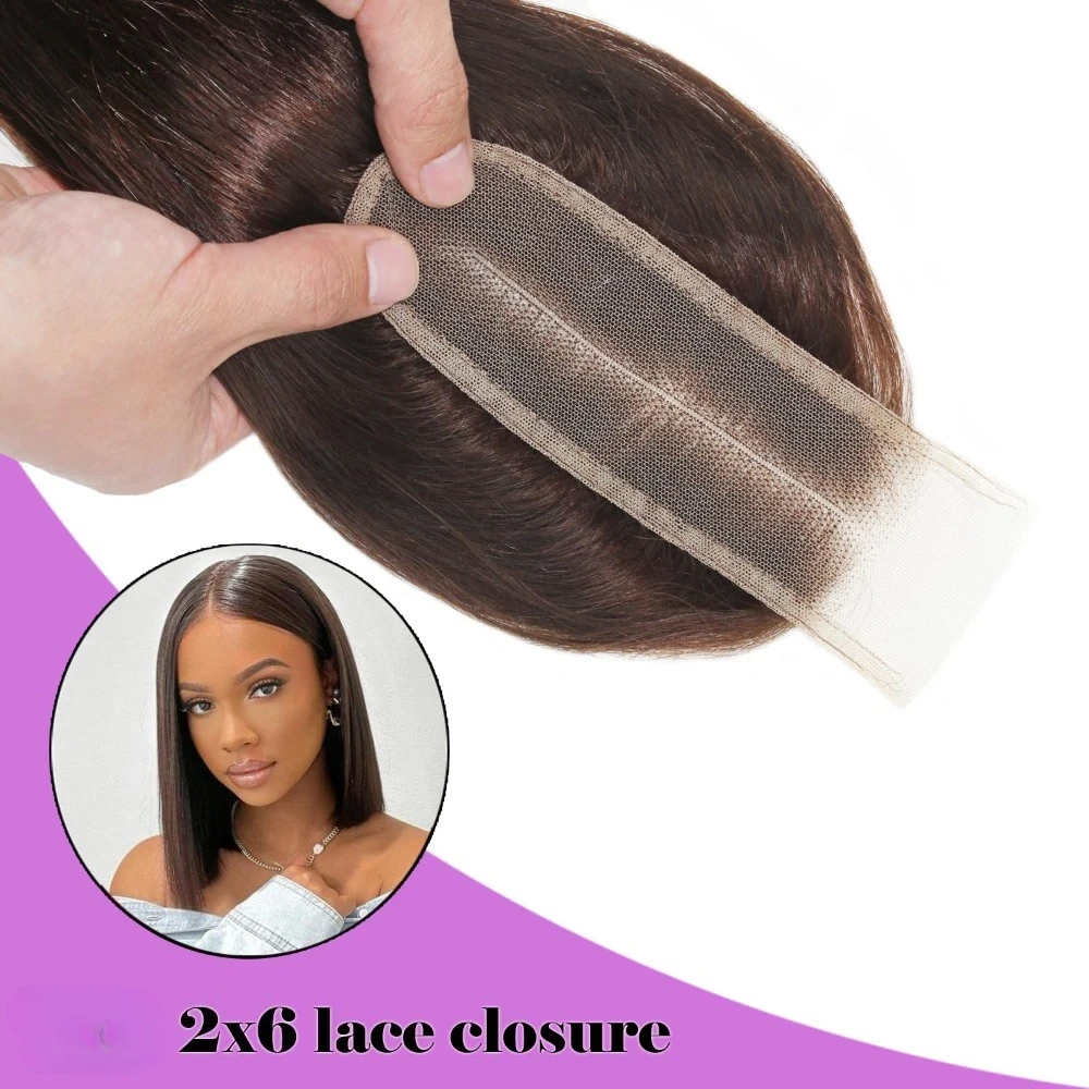Цвет 2, темно-коричневые прямые 2x6, человеческие волосы, кружевная застежка, длинный глубокий пробор, бразильские девственные волосы, 10-22 дюйма, плотность 150%, полный конец