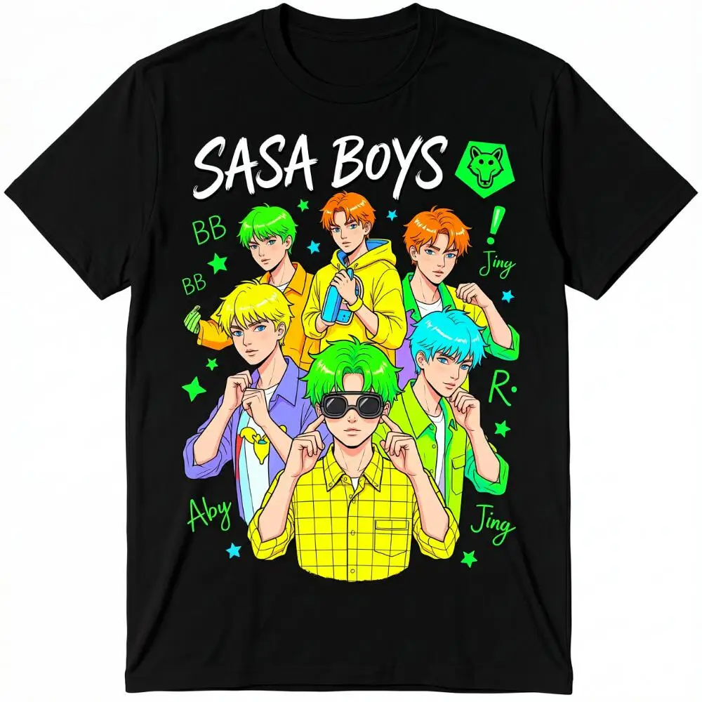 Camiseta Gráfica Negra de Manga Corta Sasa Boys Six Chibi Anime Boys con Logotipo de Lobo, Pelo Verde Neón, Naranja y Azul, Etiquetas de Nombre de Estrella, para Fans del Grupo Kpop
