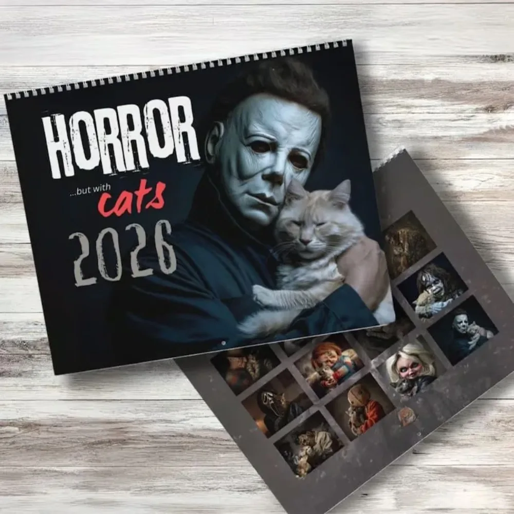 Nuevo Calendario de pared de gato de película de terror de Halloween, superventas, calendario de pared de terror creativo 2026, ilustración de personalidad