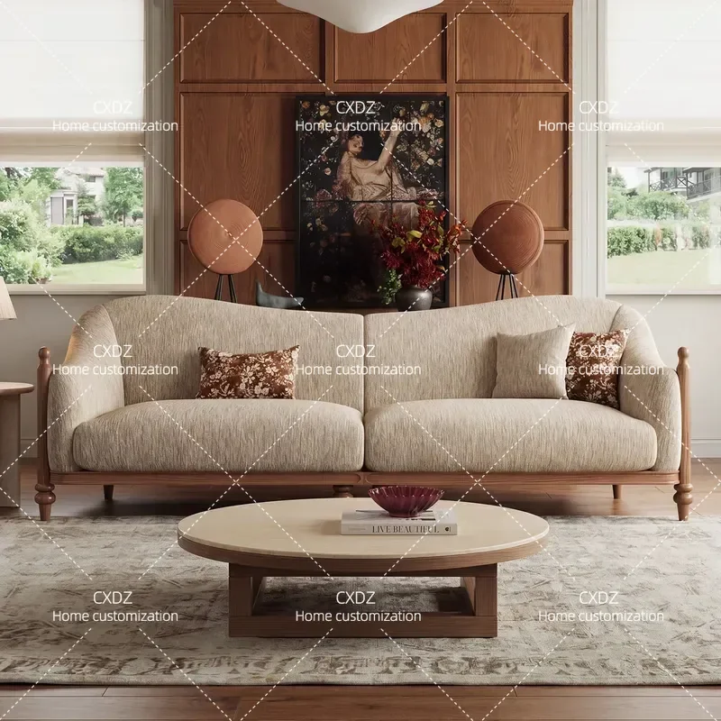 Retro Nostalgic Log Style Petal Chenille Fabric Sofa Straight Row Three Seater for Living Room Small Apartment Home Furniture