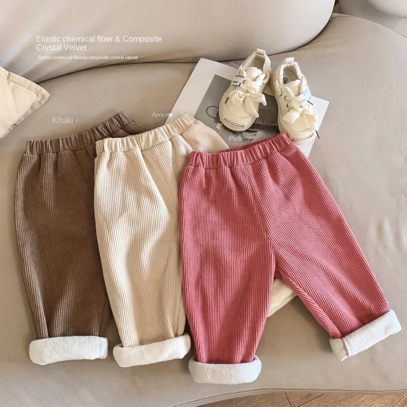 Autumn/winter Fleece-lined Corduroy Casual Pants For Children Versatile Straight-leg Warm Baby Boys Girls