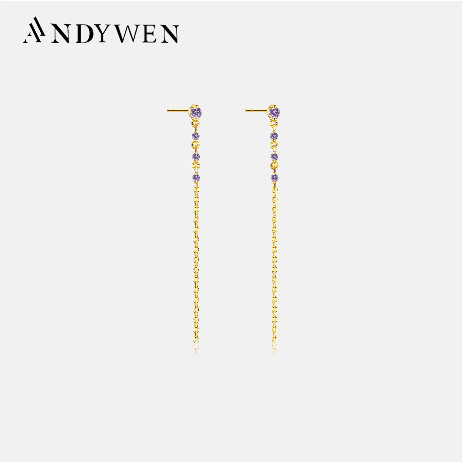 ANDYWEN 925 Sterling Silver Rainbow Pendiente largo Fucsia Plata Drop Earring Piercing Pendiente Women Wedding Jewelry Gift