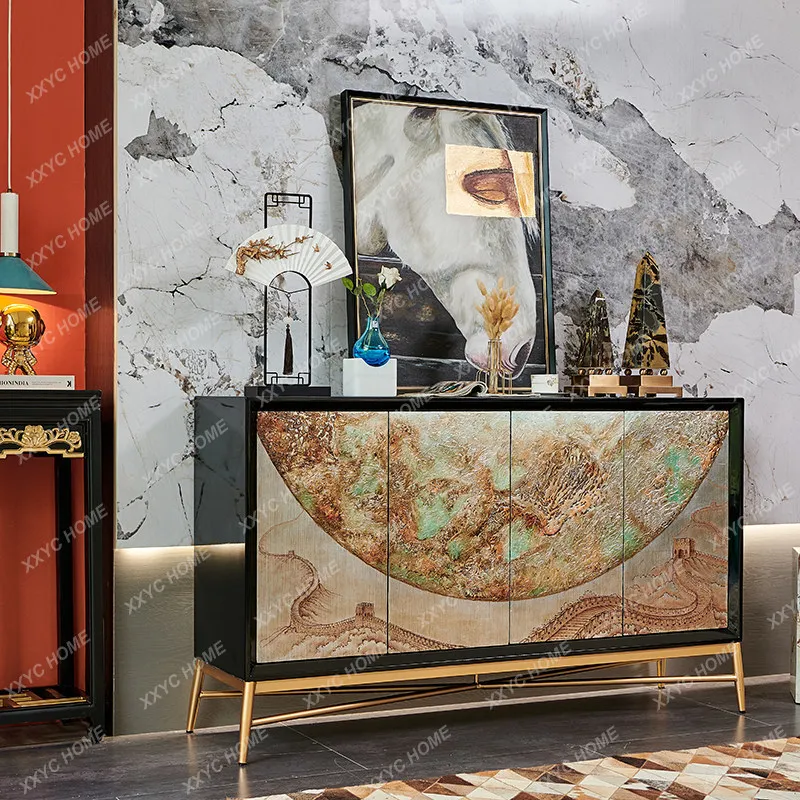 Modern light luxury retro Chinese style dining side cabinet against the wall to enter the house, complete entrance cabinet