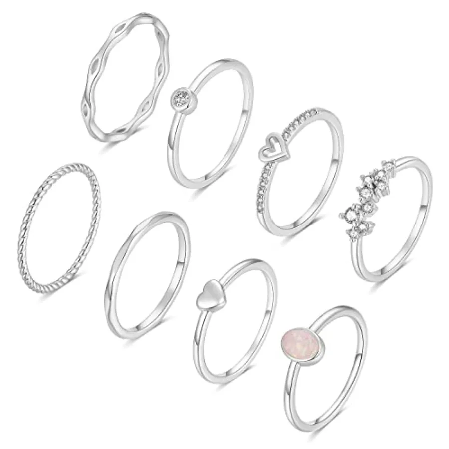

RLMOON 8-PCS 14K Ring Set for Women Non Tarnish Dainty Thumb Stackable Stacking Heart CZ Pinky Plain Band Size 4