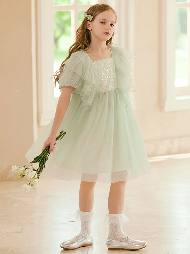 Baby Girls Summer Dresses Wedding Party Princess Flower Girl Dress Cute Gauze Puff Short Sleeve Light Green 3T 14yrs Kid Clothes