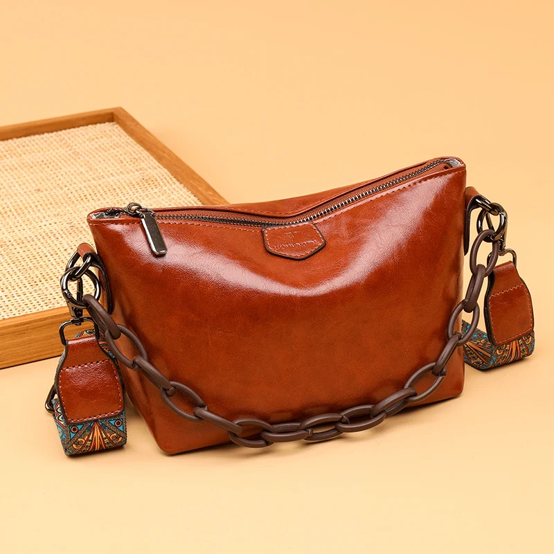 Women's Bag Trend Shoulder Bag Fashion Texture Simple All-match Handbags 100% Cowhide Crossbody bag Retro Solid oil Wax skin