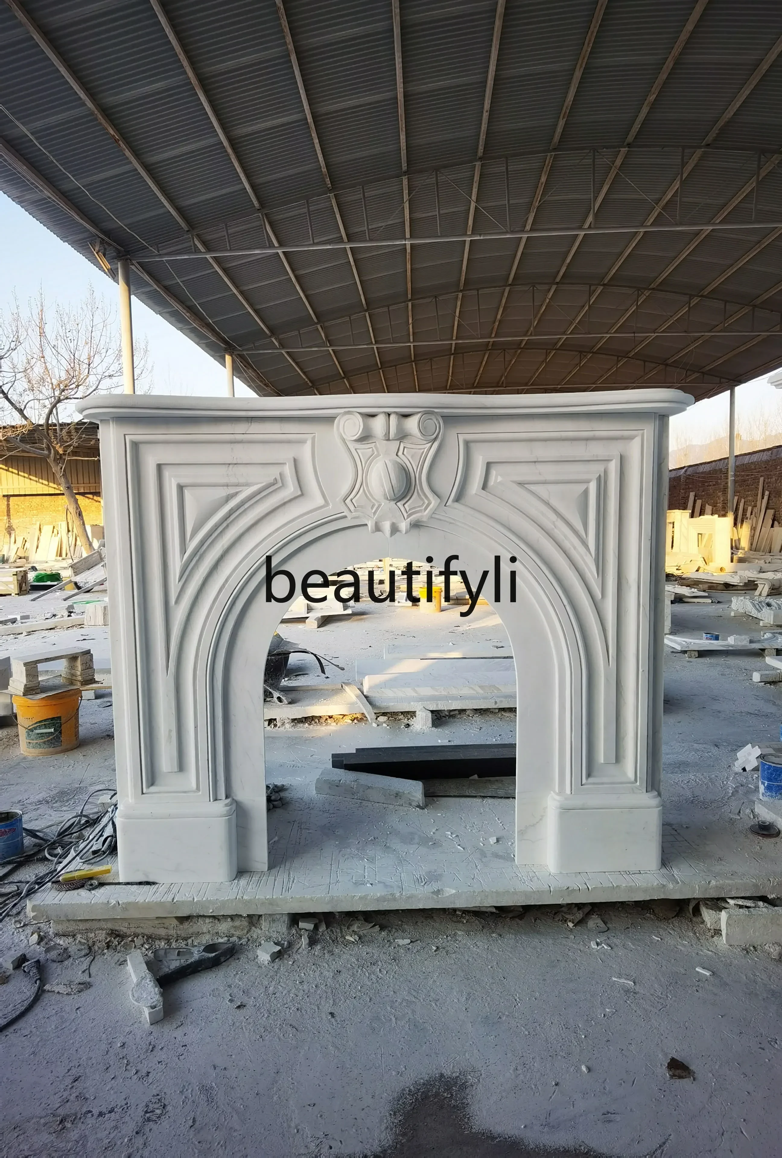 European carved arched living room stone fireplace decorative cabinet French background wall light luxury storage cabinet6239