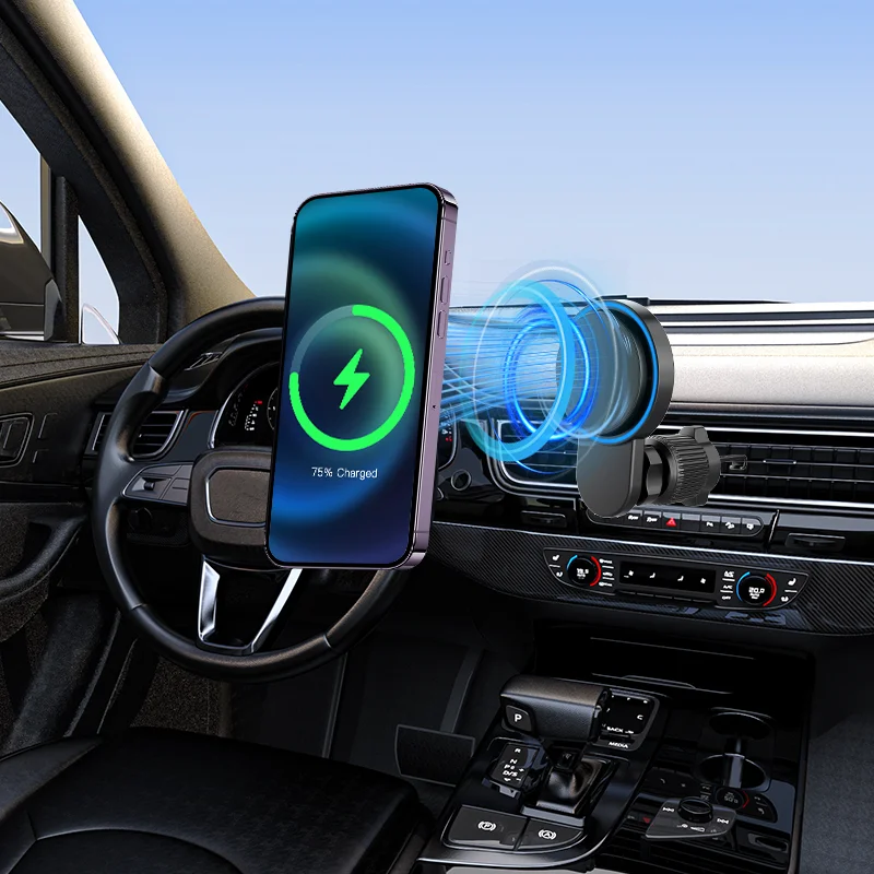 

Магнитное беспроводное автомобильное зарядное устройство-держатель 30 Вт с быстрой зарядкой, крепление на воздуховод, подставка для телефона для iPhone 17 16 15 14 13 12 Pro Max Plus, безопасное