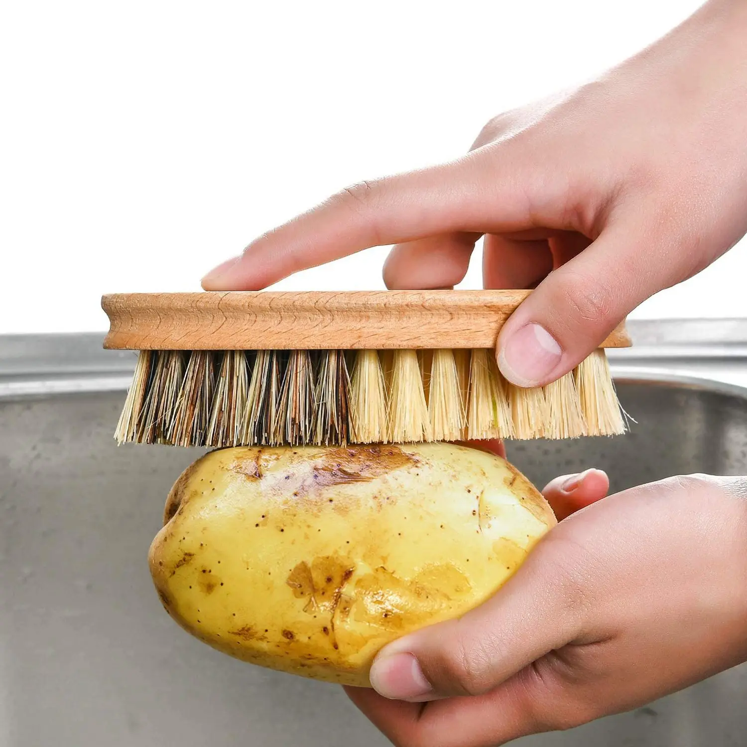 Hard and Soft Bristle Vegetable Scrub Brush , Natural Wooden Kitchen Veggie and Fruit Cleaning Scrubber Set for Washing