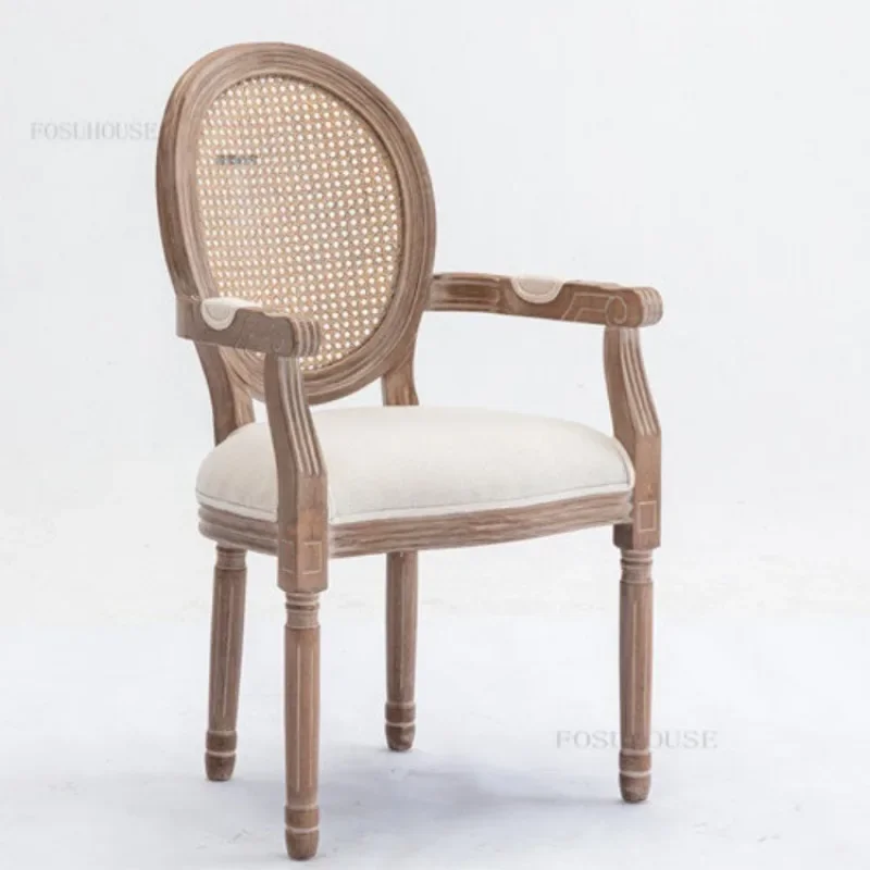 Cafe Homestay Back Chairs American Country Leisure Armchair Vintage Rattan Dining Chairs Solid Wood French Chair Home Furnitures