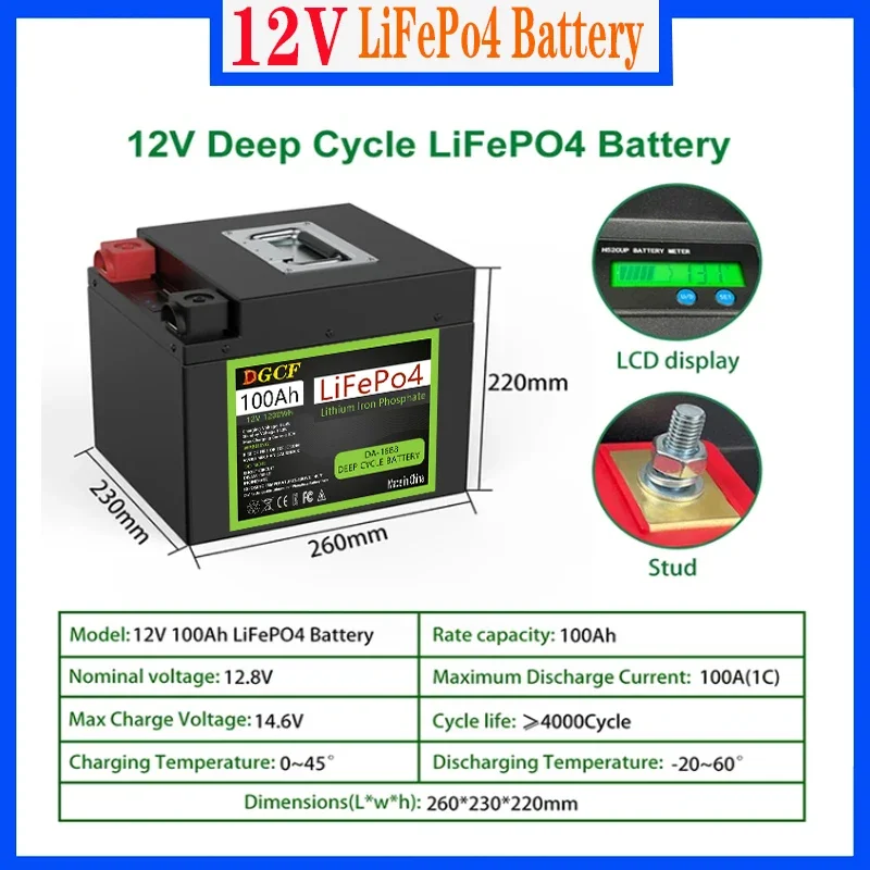 

12V LiFePO4 Battery Built-in BMS 100AH 150AH Lithium Iron Phosphate Rechargeable Cells Pack For Outdoor Camping Solar Boat Motor