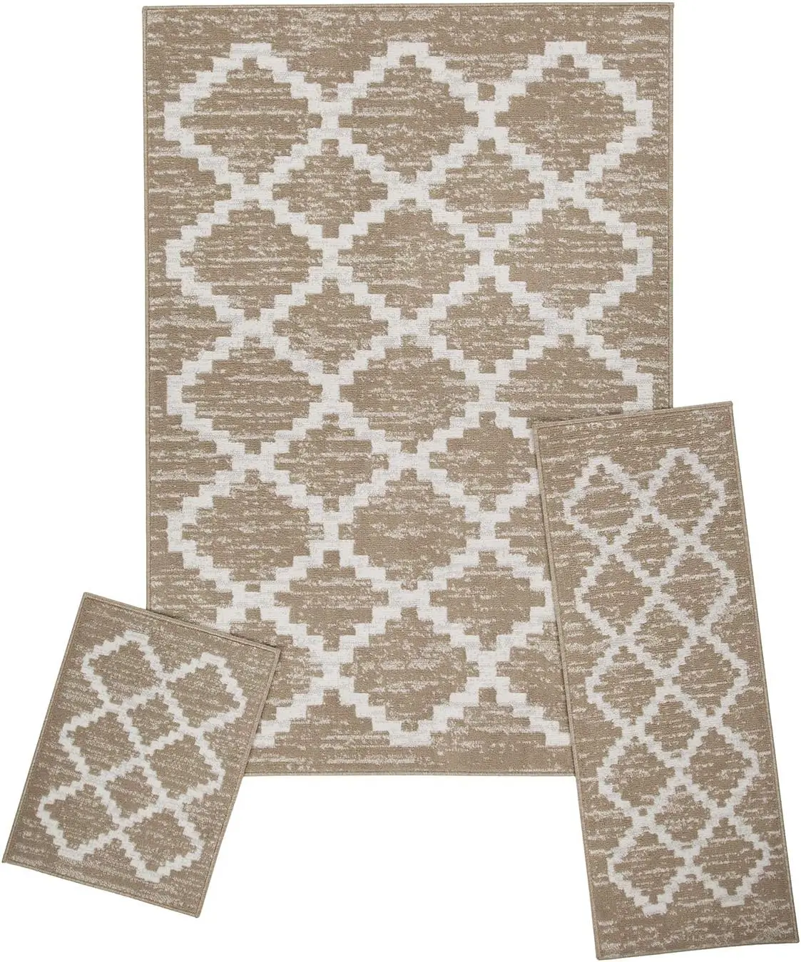 

Rug Set, 5x7 Area Rug, 2x5 Runner Rug, 2x3 Accent Mat, Livingroom, Bedroom, Entryway, Durable and Stain Resistant, Beige/White