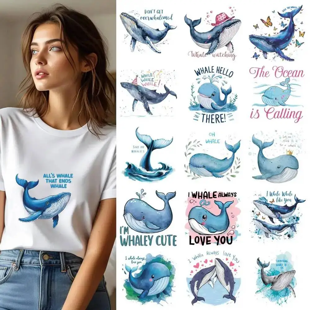 25CM Marine Animals Whale Letter Heat Transfer Patches For Clothes DIY A-Level Washable Shirt Iron-on Thermal Stickers