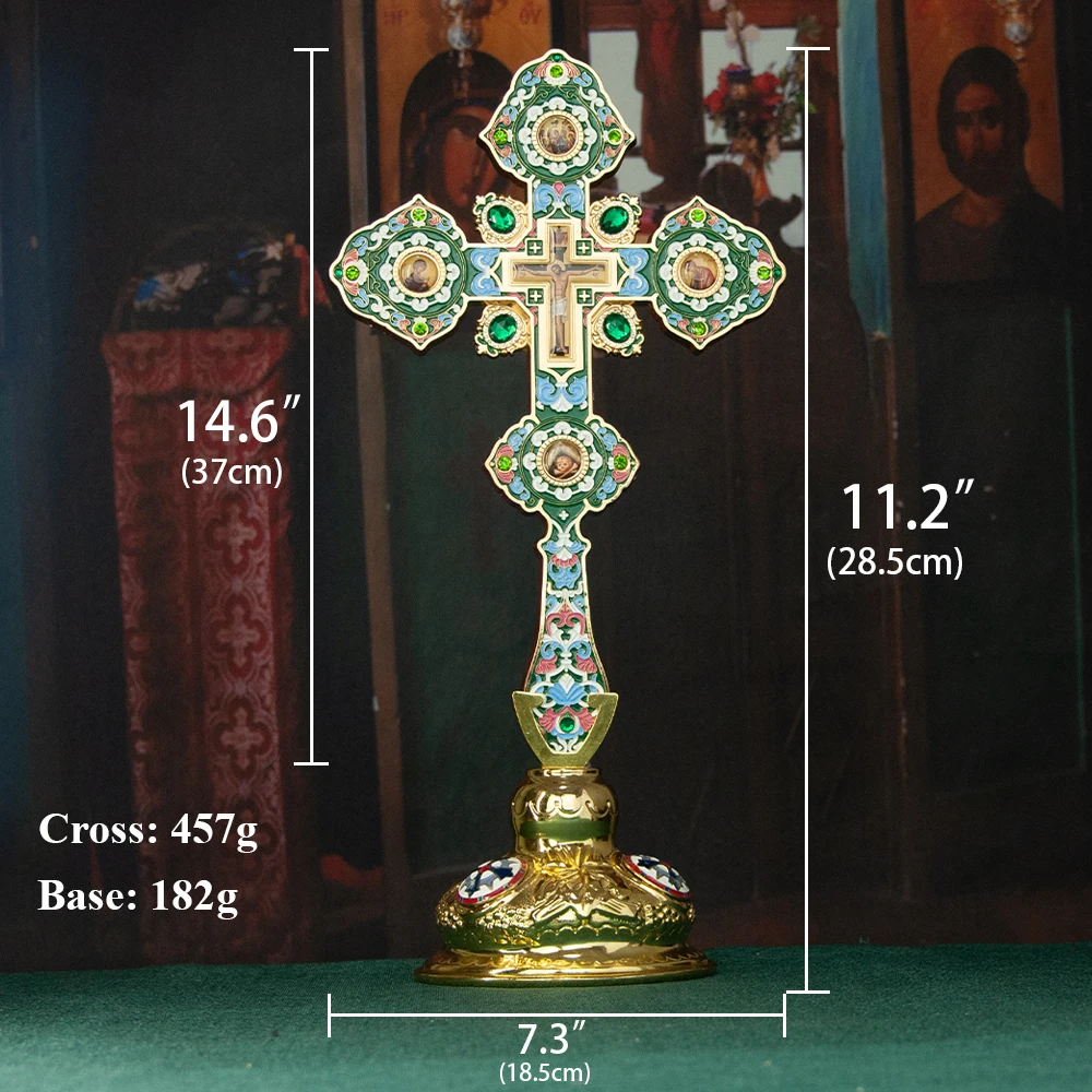 Luxuriöses Orthodoxes Christliches Geschenk: Vergoldetes Grünes Cloisonné-Standkreuz, Kirchenqualität, Altar-Kruzifix für Spirituelle Heimdekoration – Detail 1