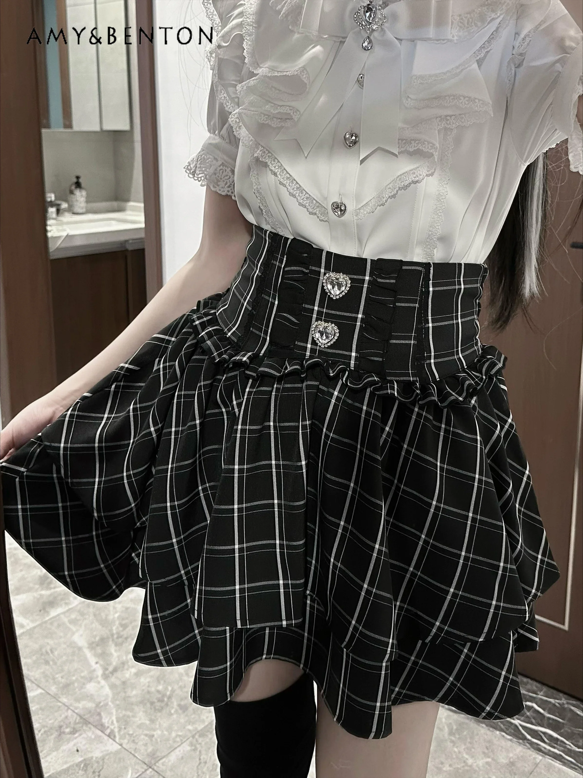 Lolita Love Rhinestone Skirt Mass-produced Mine Series Japanese Kawaii Slim Double-layer Skirt Women Cute Versatile Mini Skirt