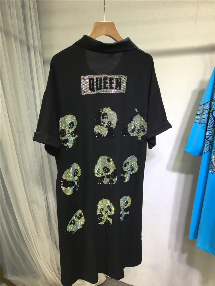 High Street Hot Drilling Dress Women Summer Black Loose All-Match Cute Panda Mid-Length Short Sleeve T-shirt Straight Dresses