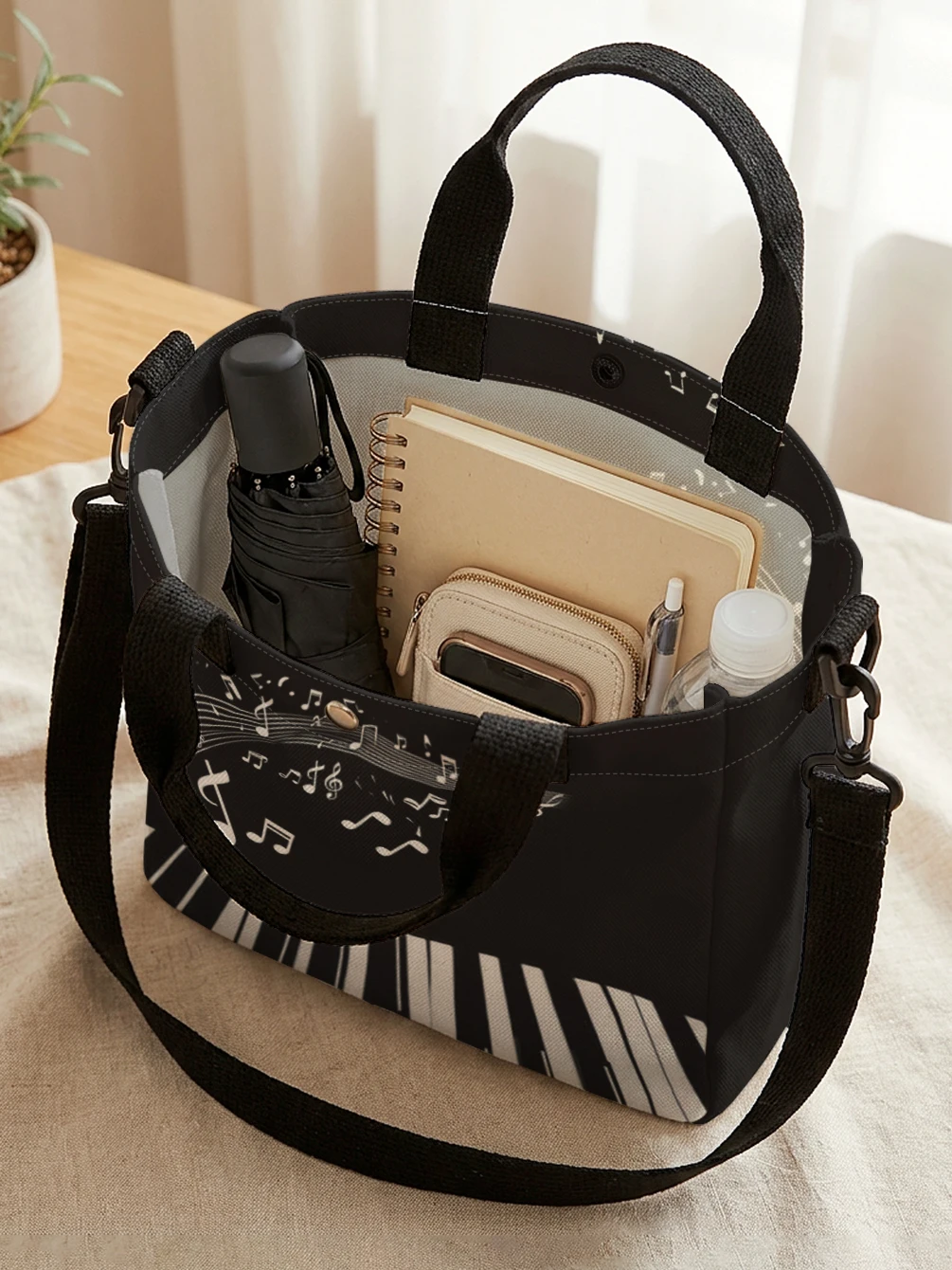 Piano Key Musical Note Print Tote Bag Detachable Strap Crossbody Handbag For Women Daily Shopping
