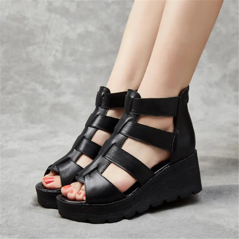 6cm NEW Women Handmade Sandals Wedges Heels Genuine PU Leather Peep Toe Summer Fashion Female Gladiator Sandals Platform Shoes