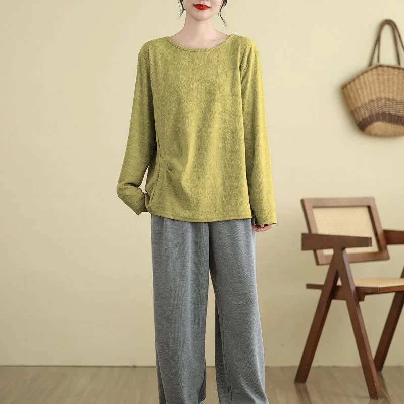 

Осенний новый стиль, модный однотонный жаккардовый топ с круглым вырезом и длинными рукавами