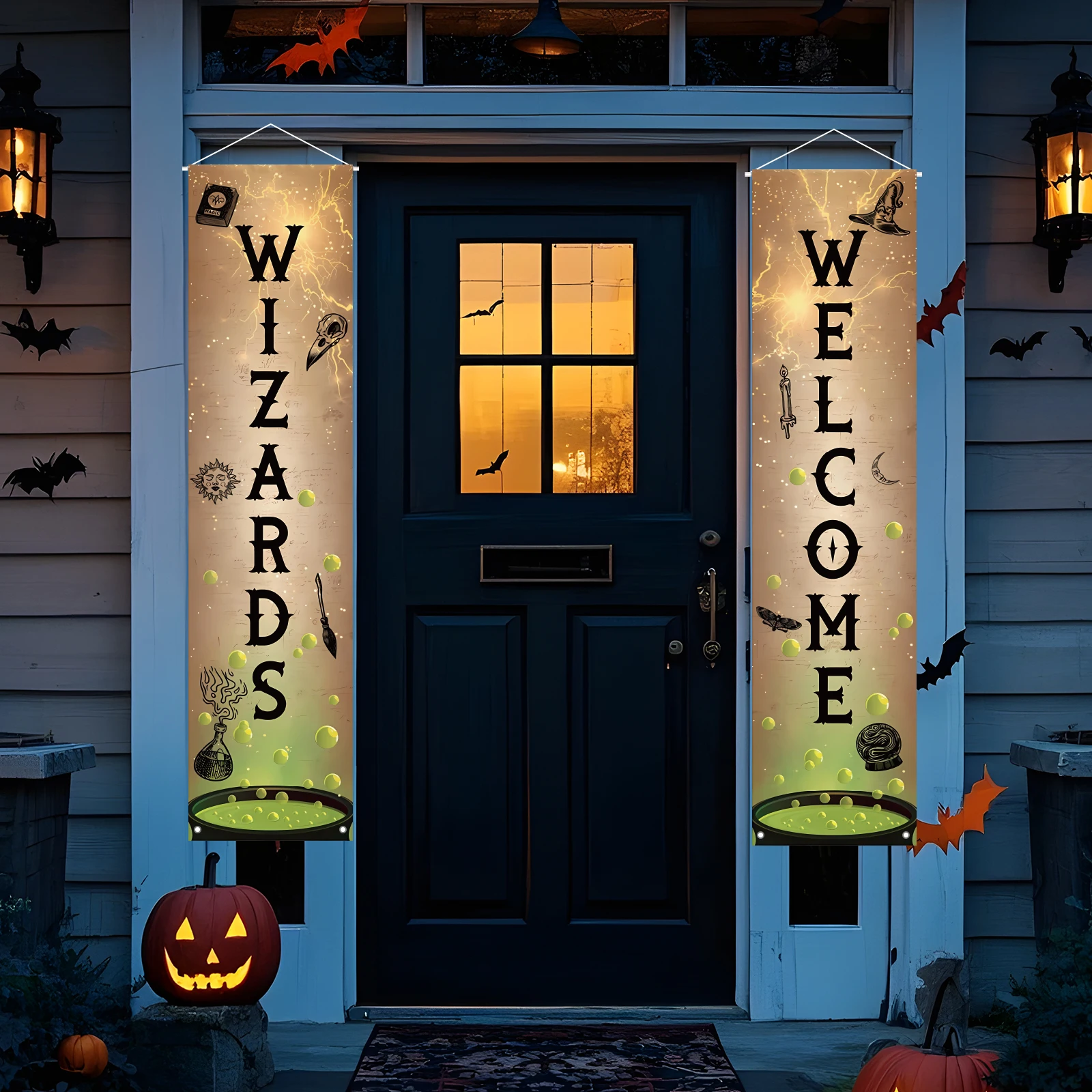 لافتة باب معالجات الترحيب مكونة من قطعتين لافتة شرفة معالج لافتات حفلات سحرية من البوليستر مع مسامير وسلسلة لسهولة التعليق #1