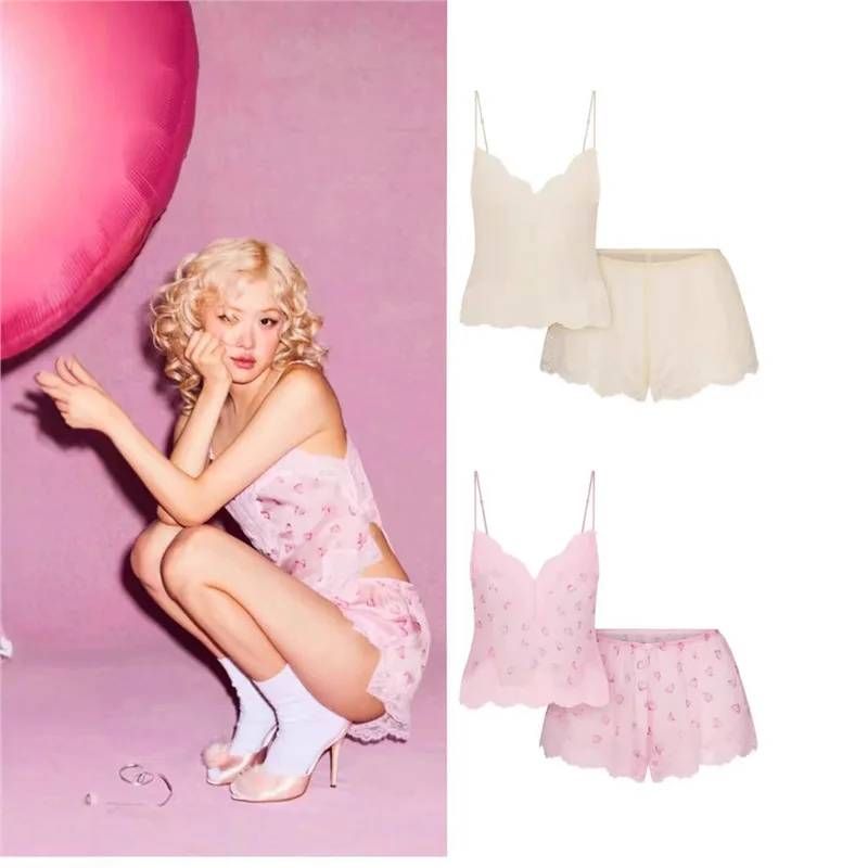 

Valentine's Day Romance Lace C Short Set Silk Lace Strap Home Clothes Set Personalized Trendy Style Flared Sleeve Short Skirt
