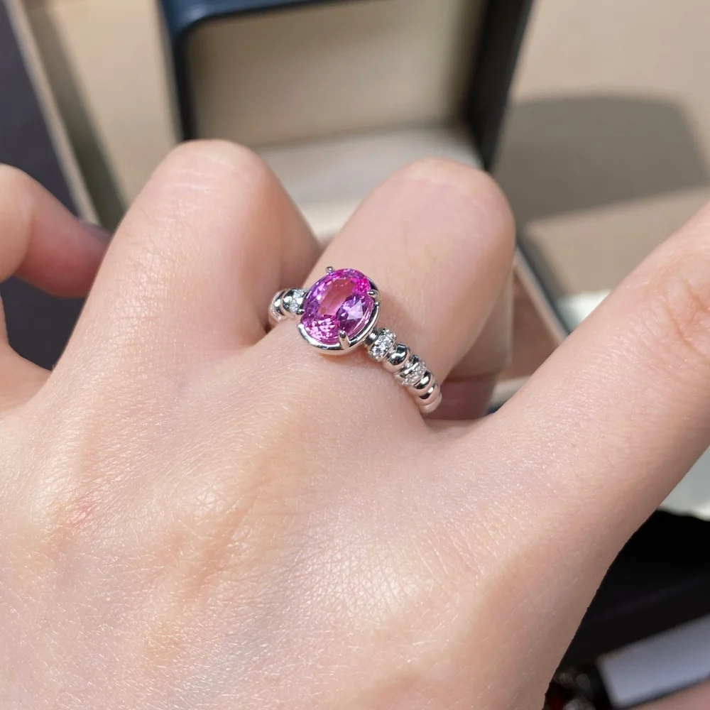 Luxury Platinum Solid Platinum PT950 Women's Ring Powder Sapphire Diamond Fashion Gift