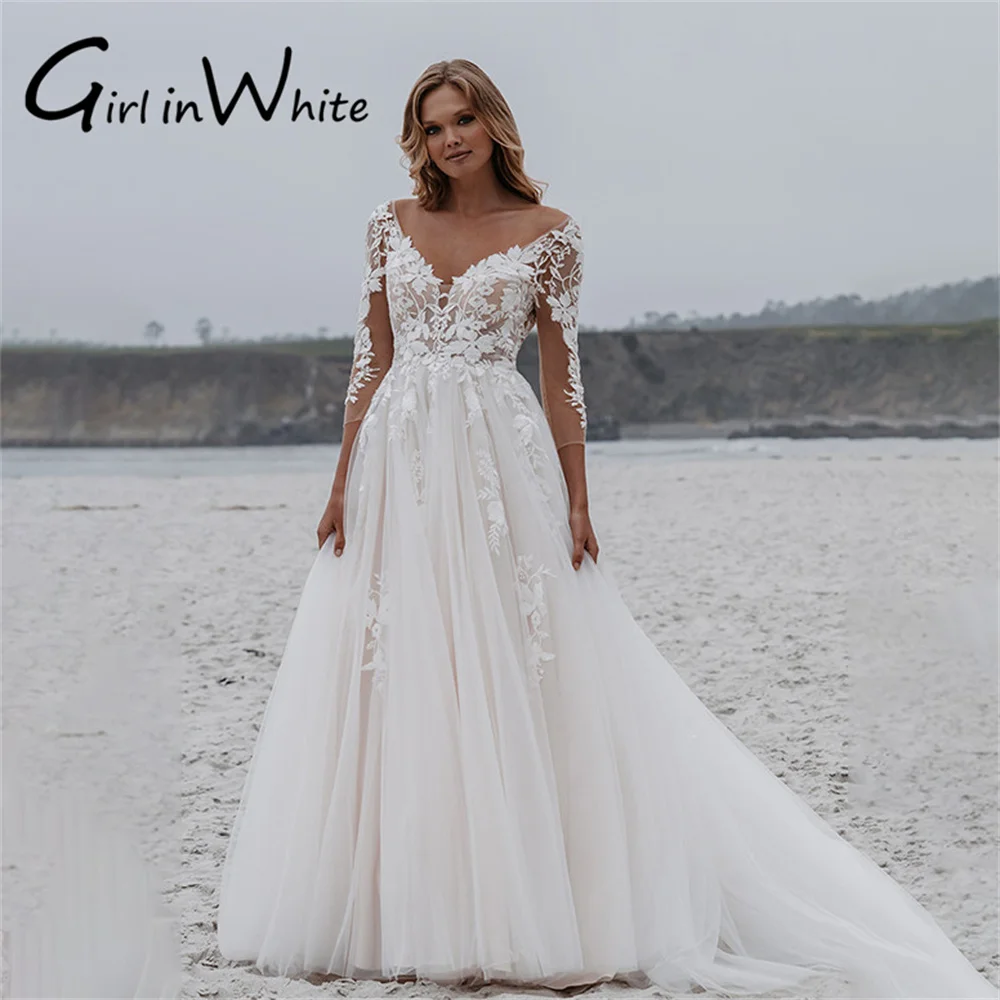 

Elegant A Line Bridal Dress V Neck Lace Bridal Gown Long Sleeves customized Dress For Bride vestido de novia boda elegante