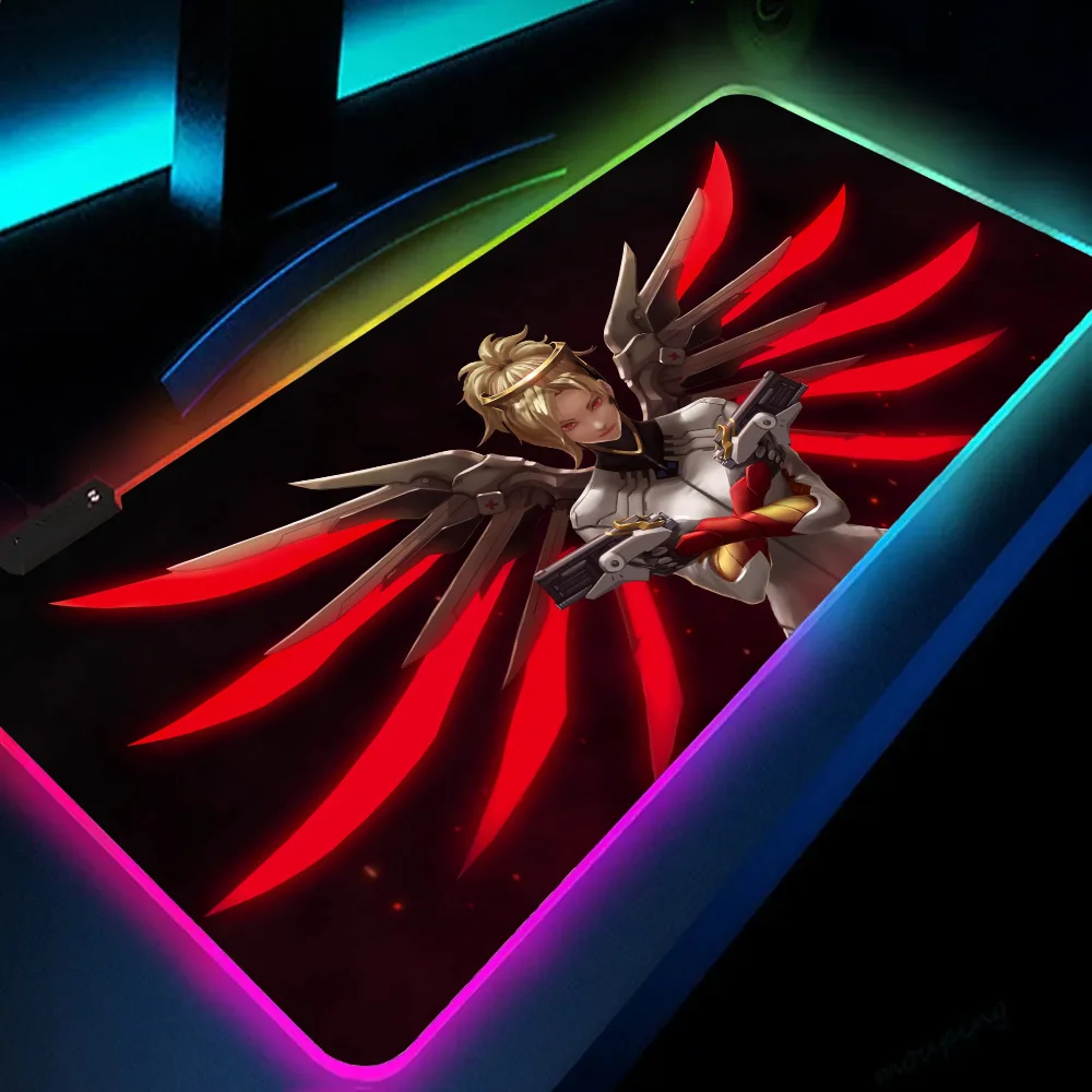 1pc Mercy Red Angel Overwatch XXL RGB Gaming Mouse Pads HD Black Gamer Accessories Large LED