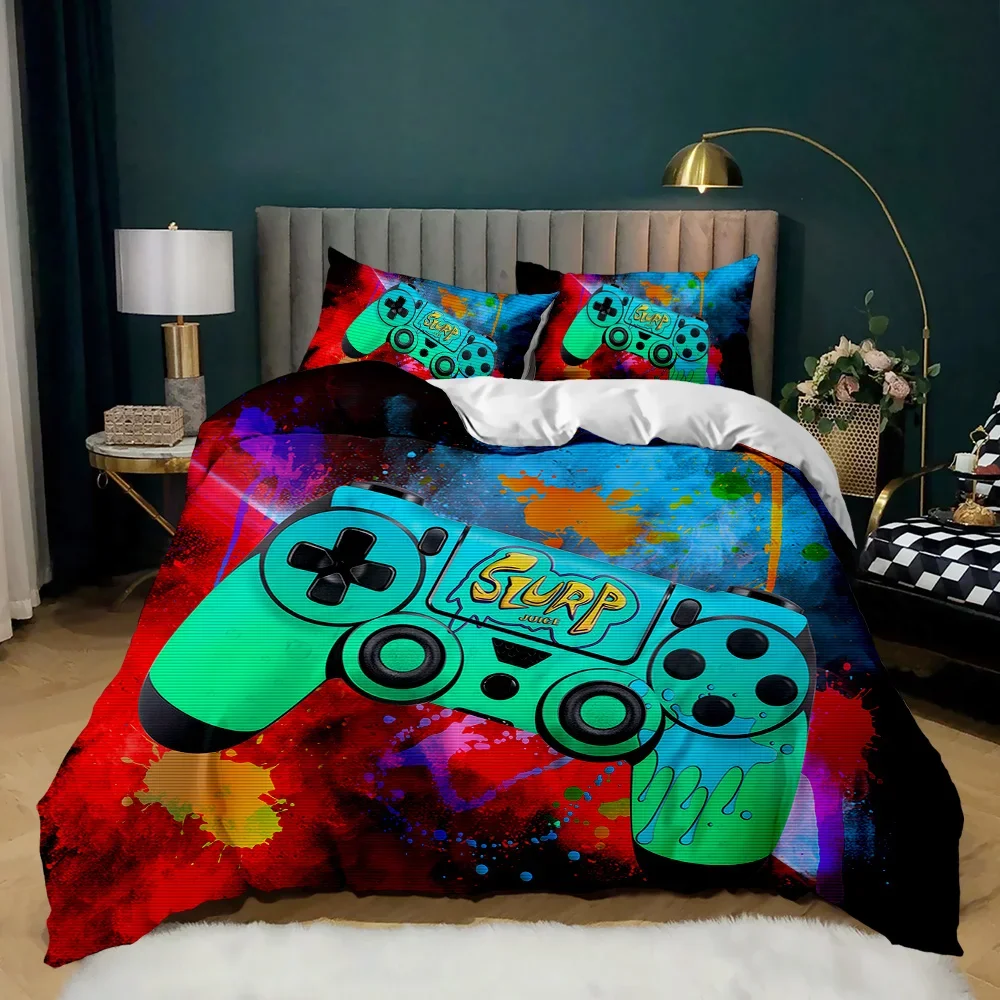 Gamepad Duvet Cover Set Twin King Size Polyester Gaming Comforter Cover Gamer Decor for Teen Boys Green Neon Gamepad Bedding Set