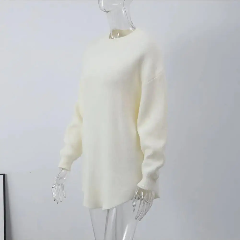 Irregular Hem Sweater Cozy Mid-length Solid Color Sweater for Women Loose Fit Round Neck Pullover with Irregular Hem for Women